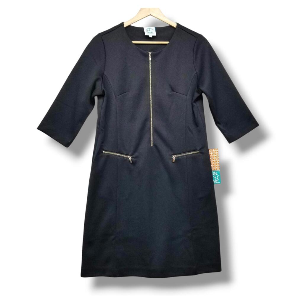 Tracy Negoshian Sabrina‎ Zip Front Dress Small Black 3/4 Sleeve NWT
